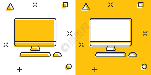 漫画风格的个人电脑 桌面 pc 卡通矢量插图在孤立的背景上 监控显示飞溅效果标志业务概念空白键盘网络电气展示技术笔记本卡通片屏幕图片