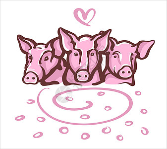 三头猪和一只有食物的小猪 以标志的形式出现 彩色绘画 文艺化的草图图片