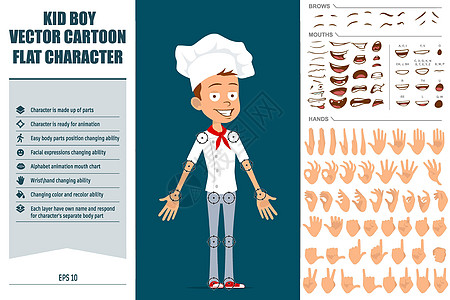 卡通平板厨师烹饪男孩字符矢量组合男生食物面包师快乐跑步菜肴休息帽子男人动画片图片