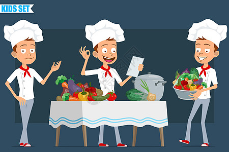 卡通平板厨师烹饪男孩字符矢量组合洋葱手势黄瓜孩子男性男生食物微笑菜肴帽子图片