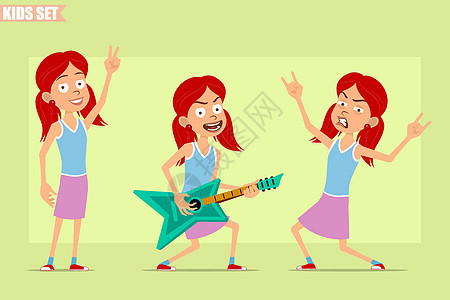 红发女孩性格矢量集岩石女孩动画片裙子音乐歌曲女性摇滚乐吉他衬衫图片