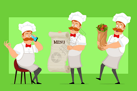 卡通平板脂肪厨师烹饪人 性格矢量领结菜肴菜单帽子快乐电话微笑酒吧餐厅厨房图片
