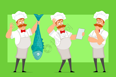 卡通平板脂肪厨师烹饪人 性格矢量厨房餐厅海洋面包师帽子菜肴男性动画片手势领结图片