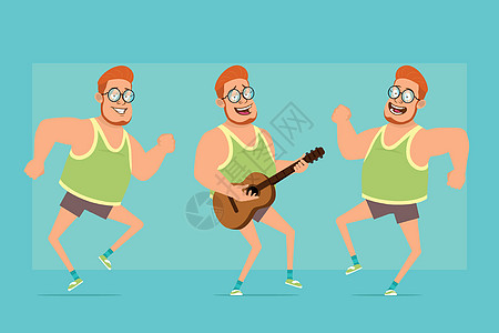 卡通平板有趣的胖男孩性格矢量单线眼镜动画片音乐会吉他训练运动团队微笑手势图片