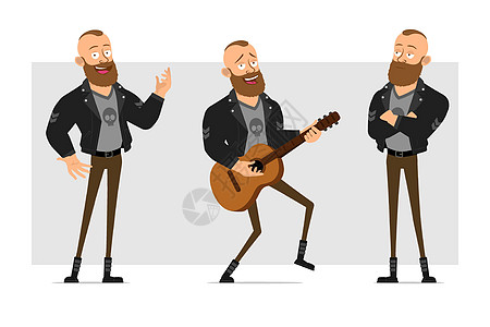 卡通朋克流氓男孩性格矢量动画片微笑夹克歌曲胡须金属音乐男性男人吉他图片
