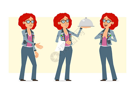 卡通红头红头发嬉皮妇女性格矢量组合夹克食物女孩服务员动画片女士餐厅牛仔裤眼镜服务图片