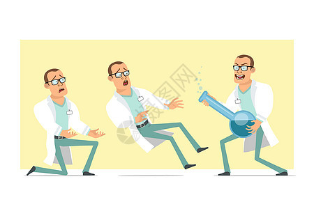 男医生性格特配装 有幽默风味的卡通平板动画片科学家保健眼镜液体烧瓶诊所男性帮助气泡图片