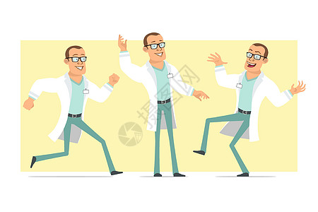 男医生性格特配装 有幽默风味的卡通平板眼镜徽章男性手势胜利舞蹈微笑冒充快乐科学家图片