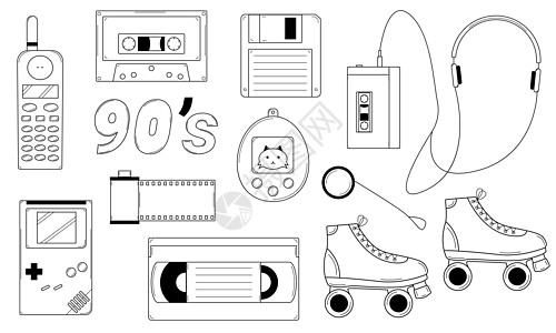 手工绘制了80年代 90年代的经典元素 Retro流行文化项目 Doodle 风格 矢量图片