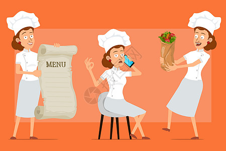 卡通平板厨师烹饪女性性格矢量组合讲话工作电话餐厅微笑菜肴酒吧厨房女士快乐图片