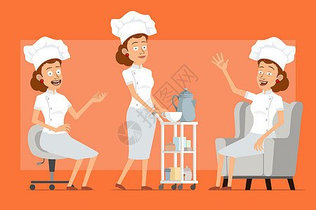 卡通平板厨师烹饪女性性格矢量组合桌子沙发手势菜肴服务咖啡动画片快乐帽子面包师图片
