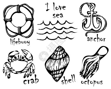 海洋动物的图形绘图 模仿墨水中的图形绘图 以海洋为主题的绘画和创意 矢量插图生命环螃蟹章鱼野性桌子刷子大海动物群贝类创造力图片