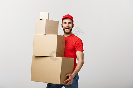 送货员做惊喜手势 拿着纸板盒成人导游幸福男人办公室纸板服务震惊运输命令图片