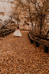 穿着白婚礼服的新娘 在秋林中流经落落橙色树叶公主头发女士裙子阳光婚姻公园灌木丛女孩森林背景图片
