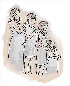 一位怀孕母亲和三个女儿站着高大 相互编织头发 在线性艺术的风格方面有说明图片