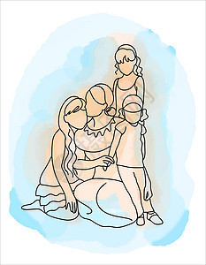 一位母亲有三个不同年龄的孩子 他们紧紧地拥抱着 直线艺术的风格说明了这一点图片