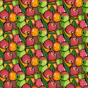 无缝模式 不同品种的苹果 叶子在粉红色的背景上 纹饰繁密 苹果是一个写实的素描图片