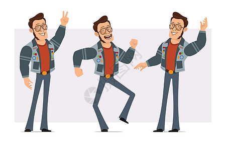 Cartoon 强力迪斯科人字符矢量集男人徽章男性胡须手势快乐牛仔裤派对腰带跳跃图片