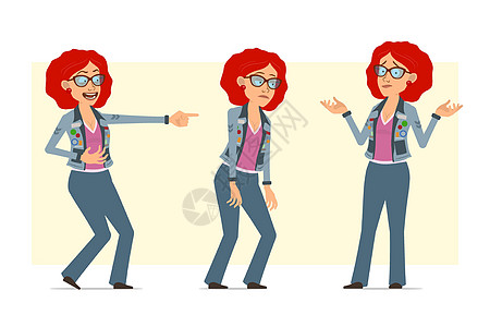 卡通红头红头发嬉皮妇女性格矢量组合快乐夹克微笑手势女孩女士徽章动画片牛仔裤眼镜图片