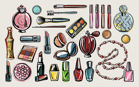 一大套美容 装饰性化妆品 唇膏 眼影 珠子 香水 为时髦的青少年手工绘画风格的一个插图图片