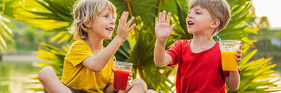 横幅 长格式 两个男孩在棕榈树的背景下喝着健康的冰沙 芒果和西瓜冰沙 儿童健康营养和维生素水果玻璃香蕉微笑童年男生橙子食物小吃牛图片