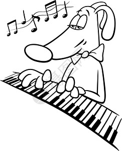 弹奏钢琴彩色页面的漫画狗动物角色图片