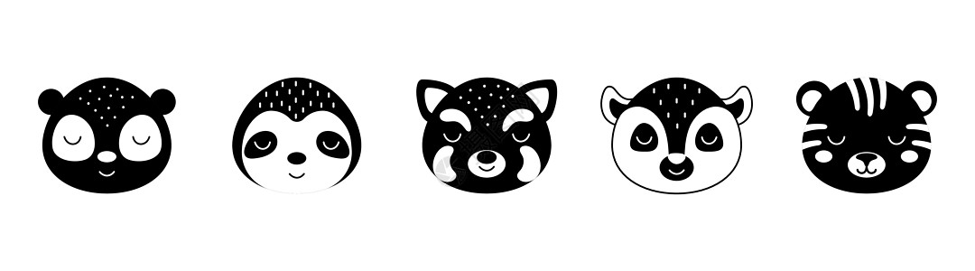 黑白动物头套熊猫 树懒 小熊猫 狐猴 老虎 斯堪的纳维亚风格的动物面孔 设计儿童 T 恤 服装 幼儿园装饰 贺卡等图片