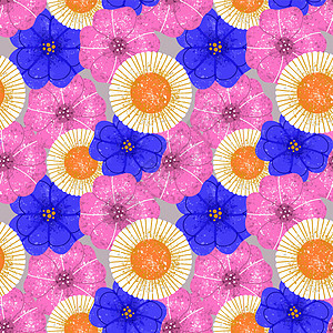 无缝图案 大型几何花朵有回溯质地 粉色和蓝色佩特尼亚 有白甘菊图片