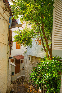 马尔马里斯 土耳其 在马尔马里斯的历史中心 有老房子的华丽街道旅行蓝色房子住宅地标入口石头建筑学市中心花园图片