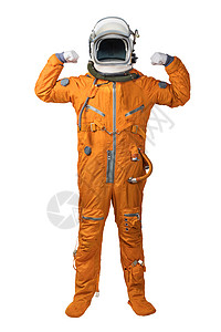 身穿橙色太空服和头盔的宇航员在白色背景上孤立的比塞普斯手势图片