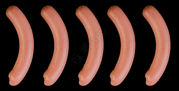 5个煮香肠的拼在一起 在黑人背景与世隔绝猪肉烧烤熏制午餐金属炙烤油炸美食早餐食物图片