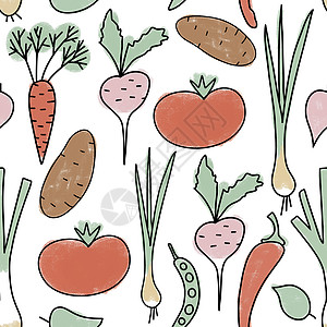 手绘有机健康蔬菜 胡萝卜土豆番茄韭菜萝卜茄子花椰菜的无缝图案插图 以柔和的柔和色彩销售天然食品蔬菜饮食图片