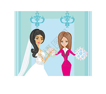 婚礼策划人和新娘面纱工作女孩裙子夹子艺术婚姻花朵花束房间图片