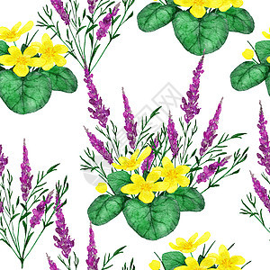 手抽水彩色无缝模式 包括河流野花 花岗野生动物自然背景和紫青绿的黄色黄巨人绿叶等草原设计图片