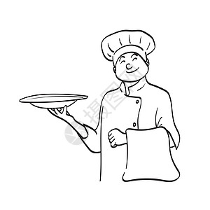 男性厨师或服务员一半长的手握着板子插图式矢量手 在白背景线艺术中被孤立图片