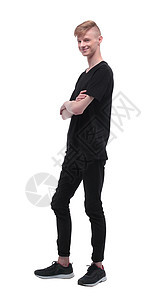 在全面成长中 现代穿临时服装的男人男性性格运动白色头发衣服青年牛仔裤广告牌黑色图片