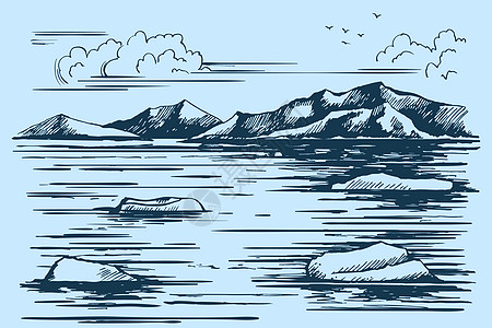 南极大陆草图冻结冰山雕刻海洋环境绘画悬崖插图天空破冰图片