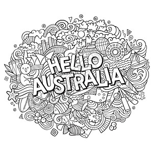 卡通可爱的涂鸦手画 你好澳洲登记国家旅游蟋蟀地标海洋元素袋鼠草图考拉天际图片