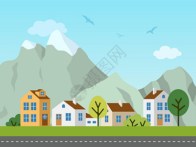 城市病媒景观 小屋和山岳天空作品小伙子财产蓝色全景交通街道爬坡房子图片