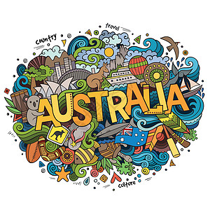 澳大利亚手写文字和涂鸦元素旅行歌剧插图线条背景国家太阳文化艺术蟋蟀图片