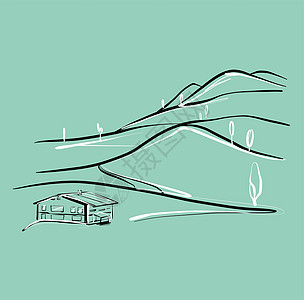 说明 山脉和房子 直线风格的草图 (笑声)图片