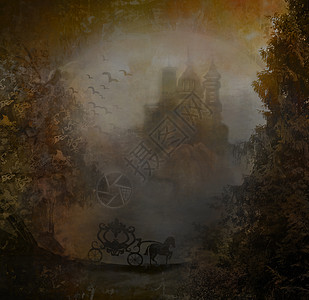 日落时乘车 马车和中世纪城堡的休眠树木插图绘画爬坡星星棕褐色月亮天空童话想像力图片
