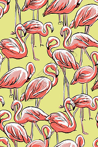 无缝模式 黄色背景的粉红火烈鸟 手牵手涂鸦 时尚风格 矢量图片