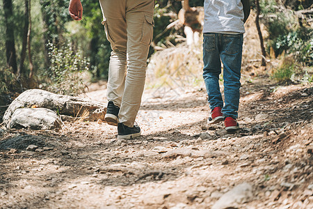 游客小学生和他爸爸在春天森林里走石头小径的特写镜头后视图 男孩和父亲在夏季绿林徒步旅行时穿着休闲服图片