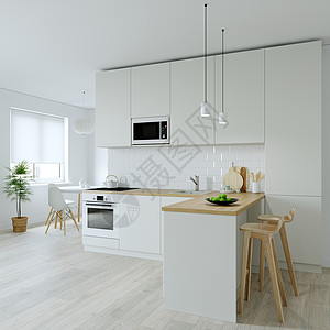 厨房间歇室 3D制成的明亮厨房奢华木头内阁烤箱插图用餐房子房间酒吧风格图片