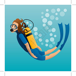 Scuba潜水员浮在水中 向量男人卡通片气球运动脚蹼假期调节器套装乐趣海洋图片