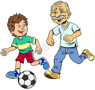 外祖父和孙子一起踢足球微笑足球孩子们祖父男性两个人团队家庭活动卡通片图片