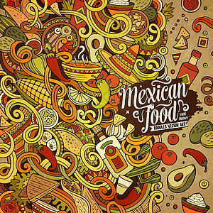 卡通墨西哥食品面条框架设计帽子烹饪餐厅盘子旅行餐具玉米辣椒国家矢量图片