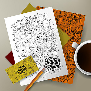 意大利意大利食品公司身份的 手工绘制的卡通纸面涂鸦线条卡通片餐具企业形象明信片小样香肠熏肉背景元素图片