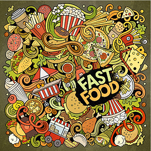 快速食品海报设计图案 快餐海报设计图纸菜单卡片餐厅乐趣矢量涂鸦香肠汉堡爆米花热狗图片